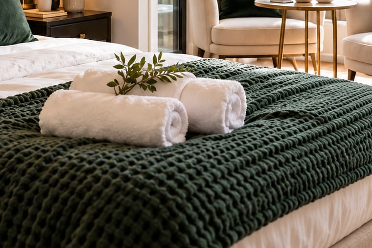 Fresh rolled towels with a sprig of greenery on a knitted green throw