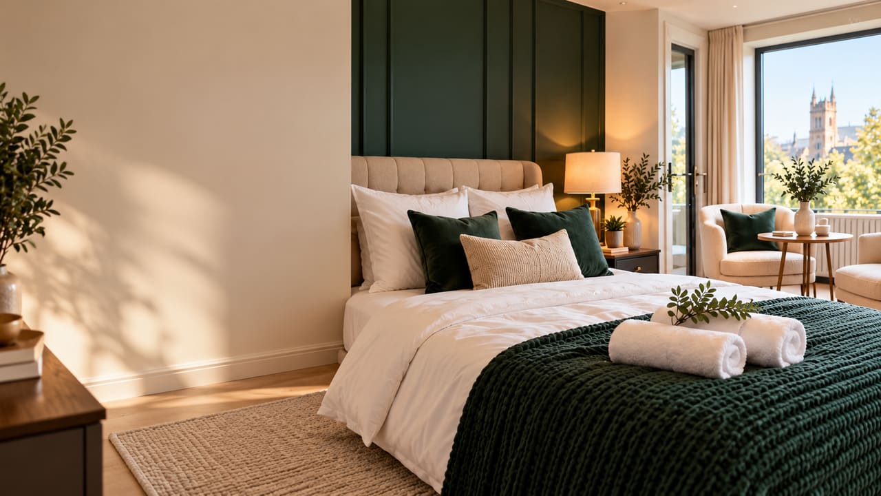 A calm hotel-style bedroom with a deep green panelled wall, white bedding and rolled towels on a green throw